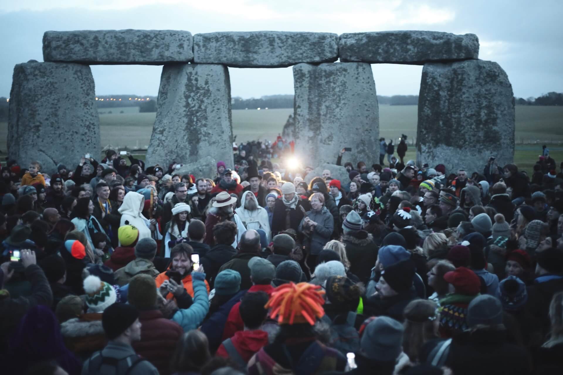 People gathered inside Stonehenge circle in the morning for Winter Solstic