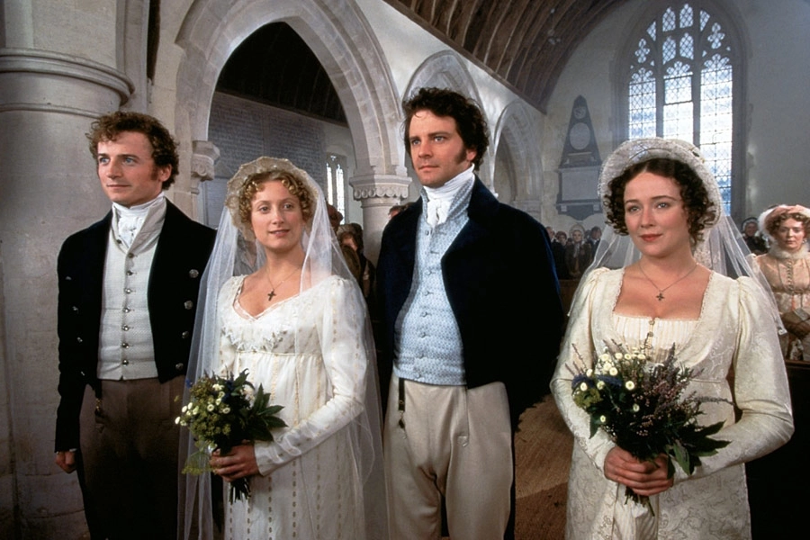 Film frame from Pride & Prejudice 1995 where the double wedding takes place in a church. From left to right: Mr Bingley, Jane Bennet, Mr Darcy and Elizabeth Bennet.