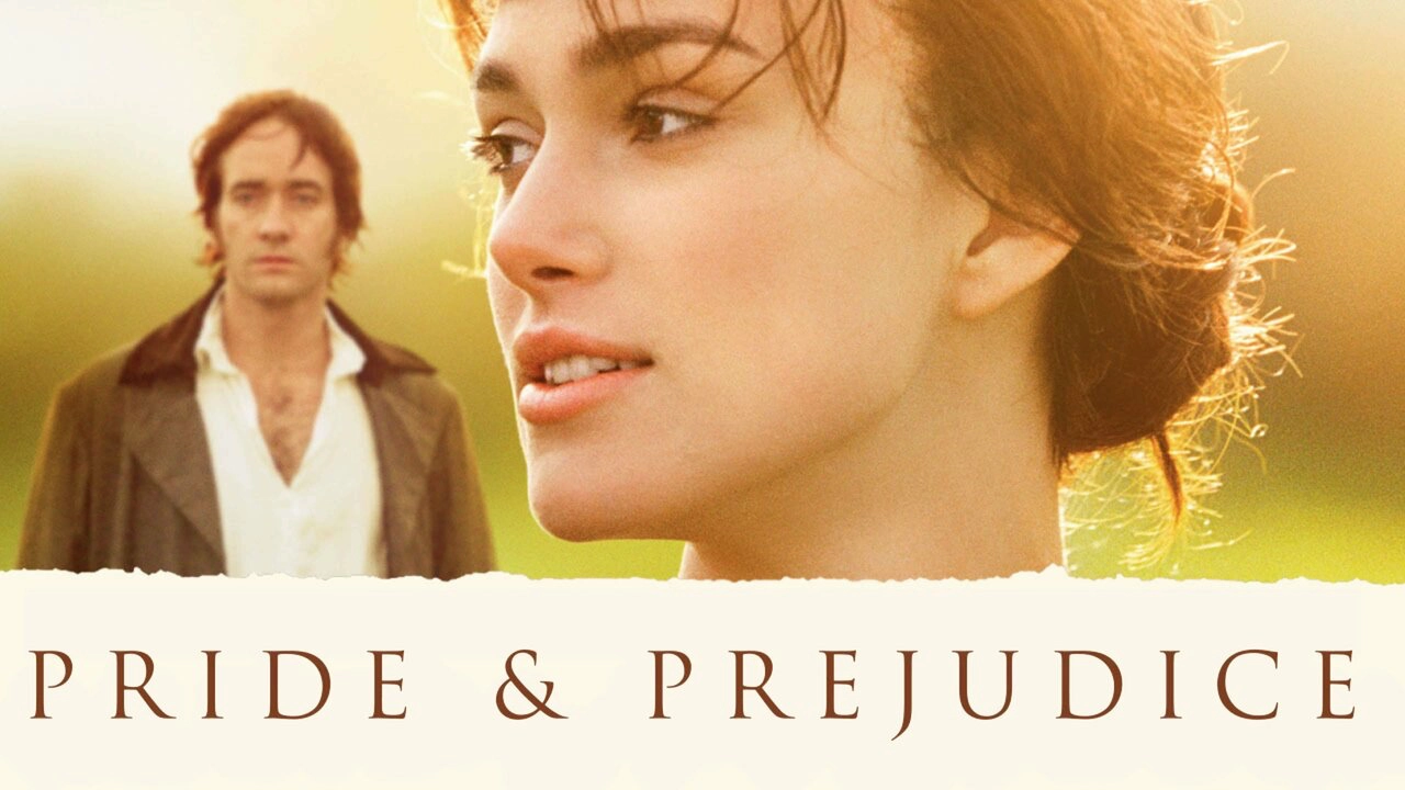 Pride & Prejudice 2005 part of the movie poster. Mr Darcy and Elizabeth Bennet in the upper half and below the title of the film and book in elegant lettering.
