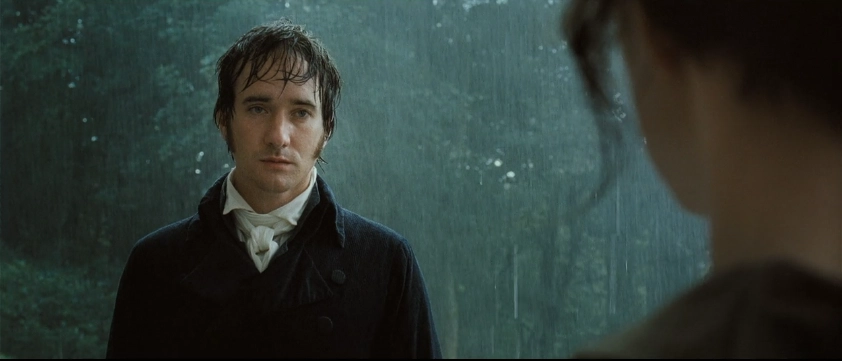 Film capture from 2005 Pride & Prejudice with Mr Darcy standing in the rain about to propose to Elizabeth Bennet.