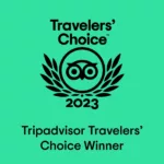 Green background with black text that says "Travelers' Choice 2023. Tripadvisor Travelers' Choice Winner"