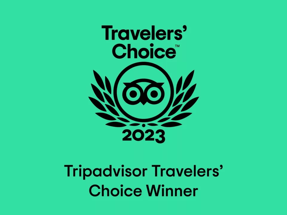 Green background with black text that says "Travelers' Choice 2023. Tripadvisor Travelers' Choice Winner"