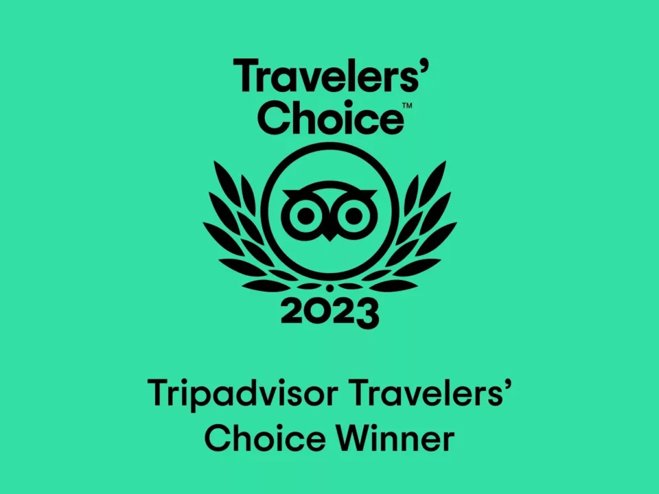 Green background with black text that says "Travelers' Choice 2023. Tripadvisor Travelers' Choice Winner"