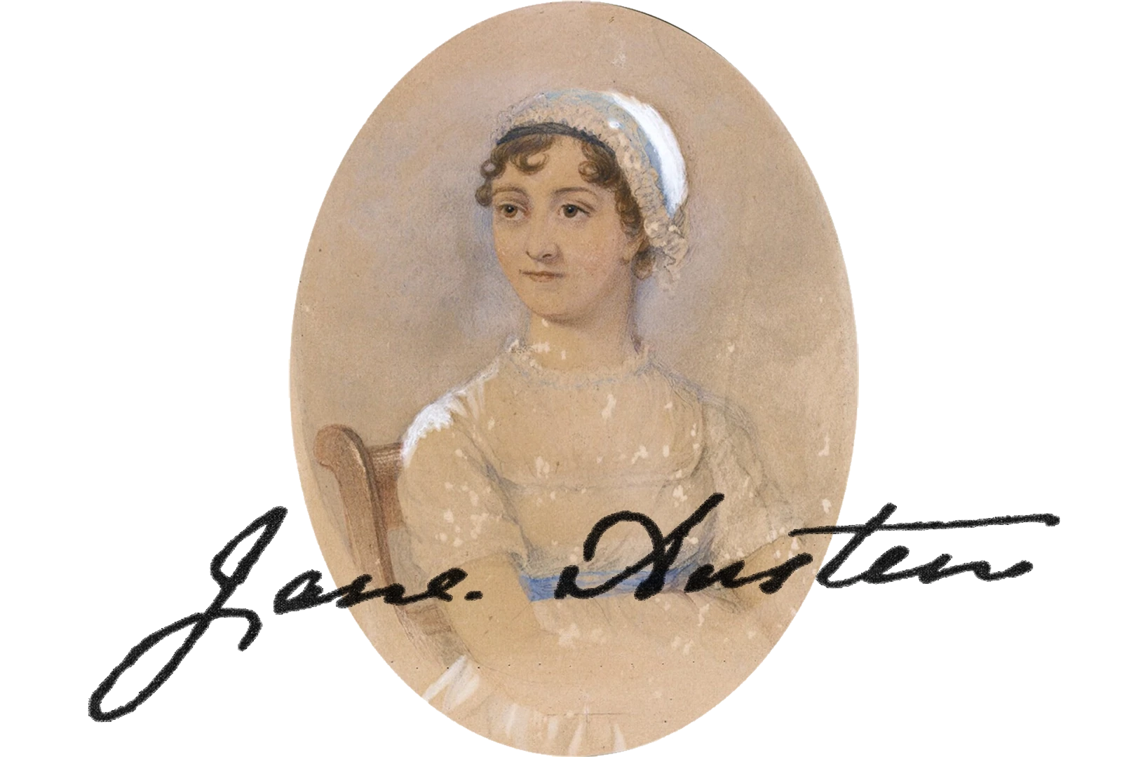 Portrait painting of Jane Austen and her name in her handwriting written over the top.