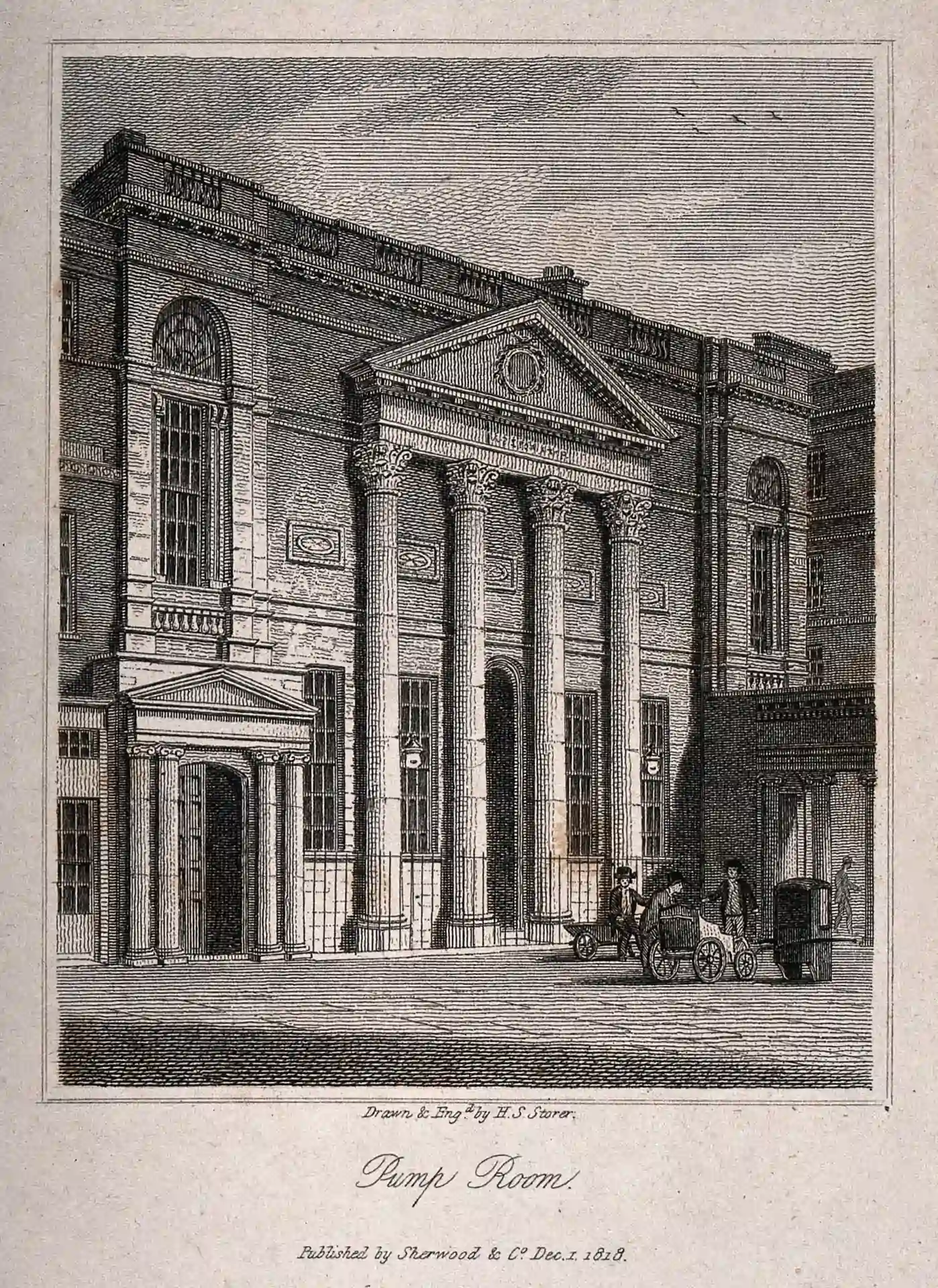 A historical drawing of the pump rooms in Bath in portrait orientation.