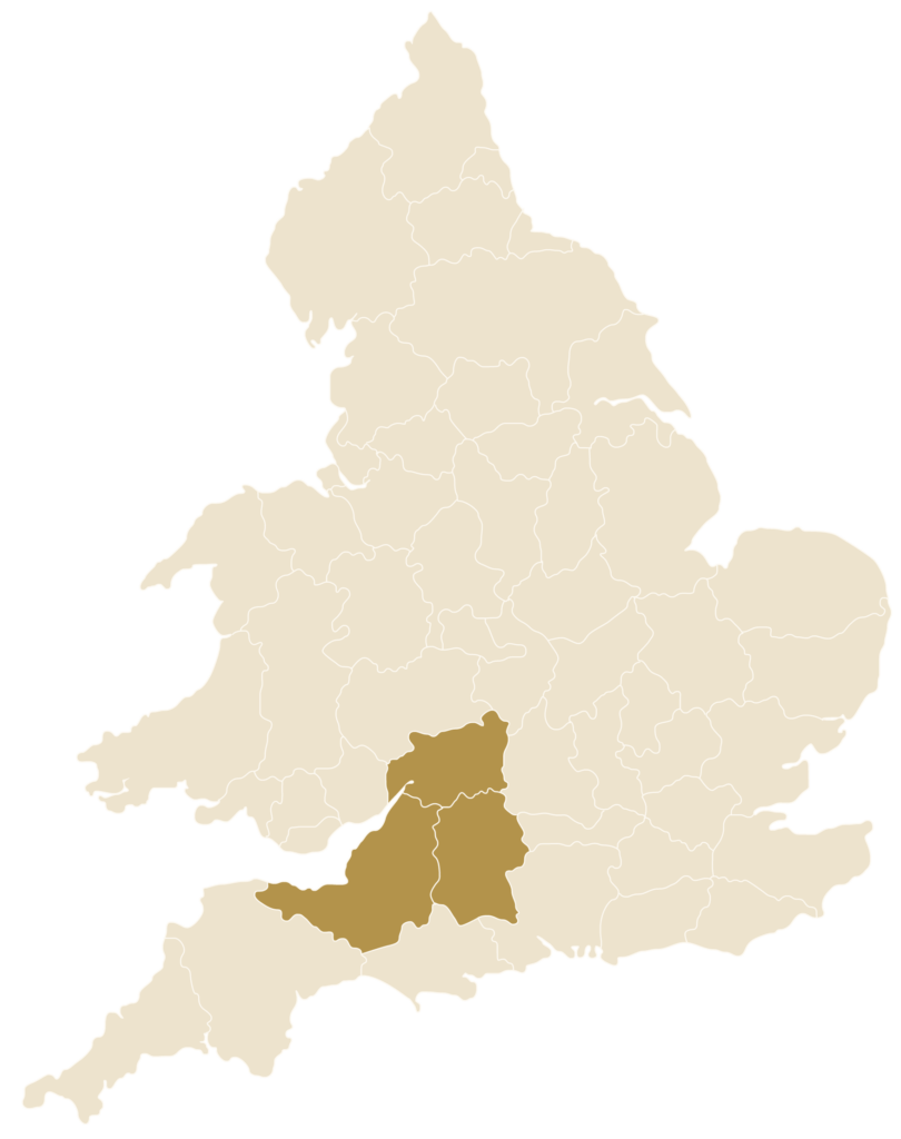 Map of England segmented into country. Each country is in cream and 3 counties are shown in gold in the south west. This is a decorative image to showcase the region in which we operate, these counties being; Somerset, Wiltshire and Gloucestershire.