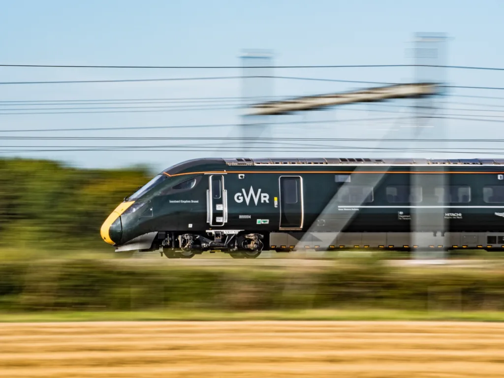 Great Western railway train speeding through the countryside