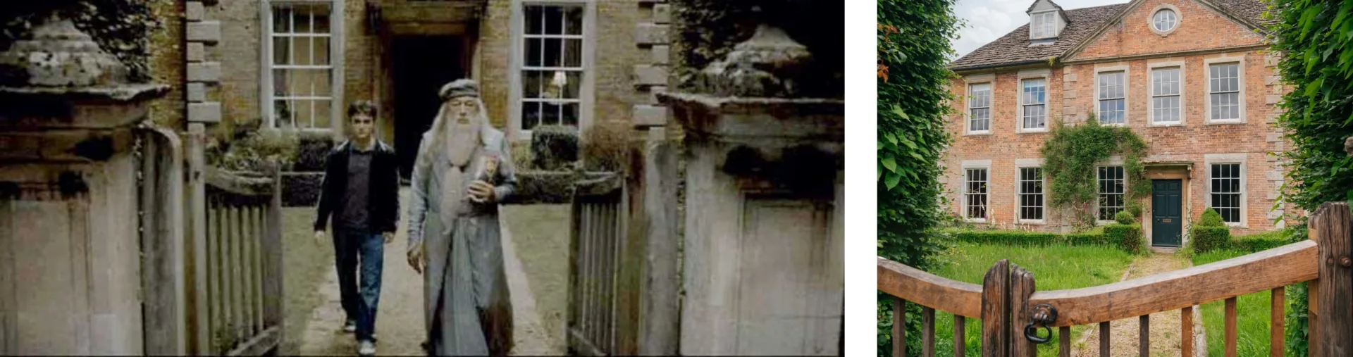 A split-screen image showing a scene from the Harry Potter film series. On the left, Harry Potter and Professor Horace Slughorn walk through the gates of a grand, historic building. On the right, the real-life location of the filming, Professor Slughorn's house in the Muggle village of Budleigh Babberton.