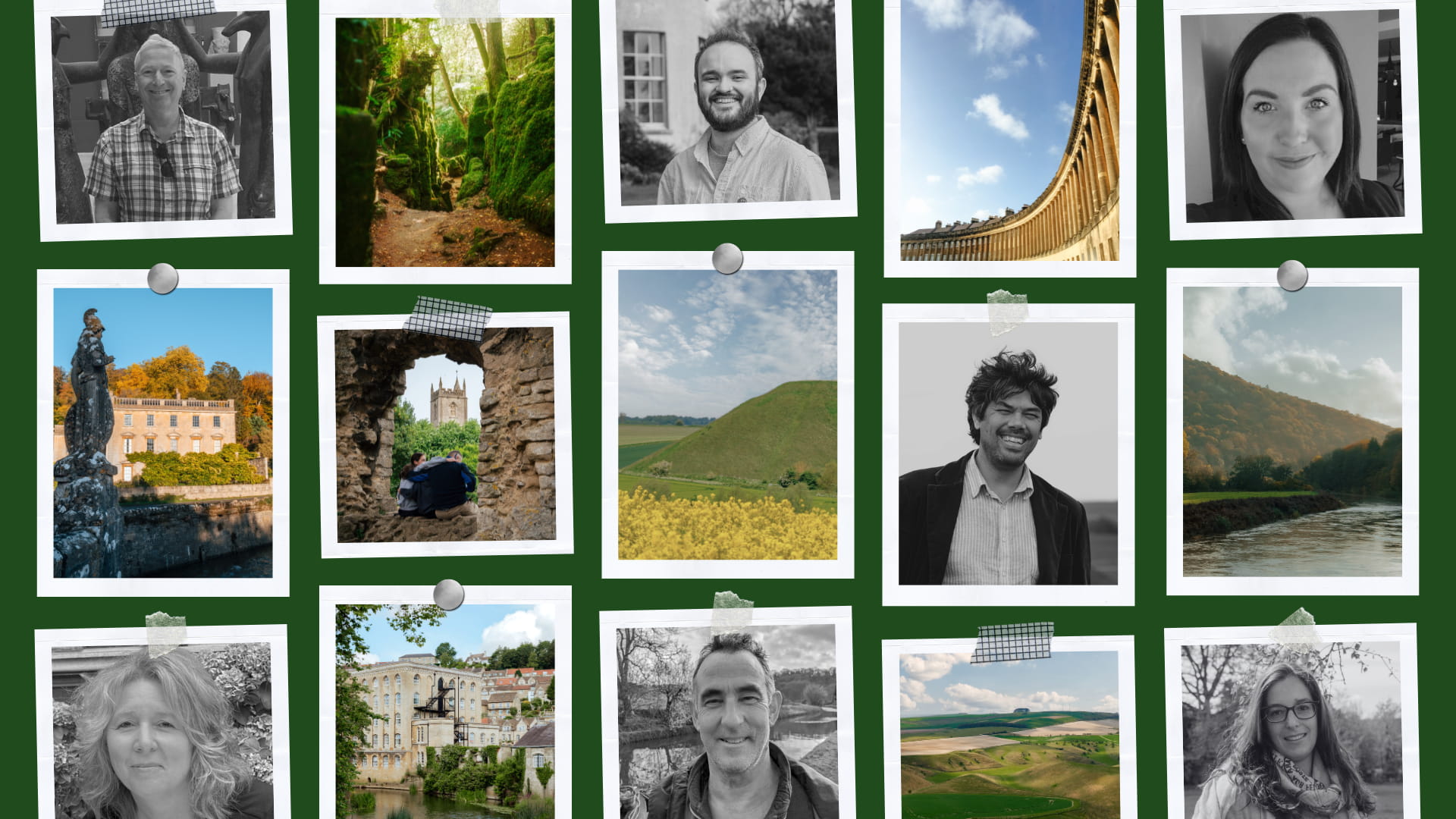 A collage of polaroids of people and landscapes. The people are the team of In & Beyond Bath. The locations represent each team members favourite place which range from properties and natural landscapes.