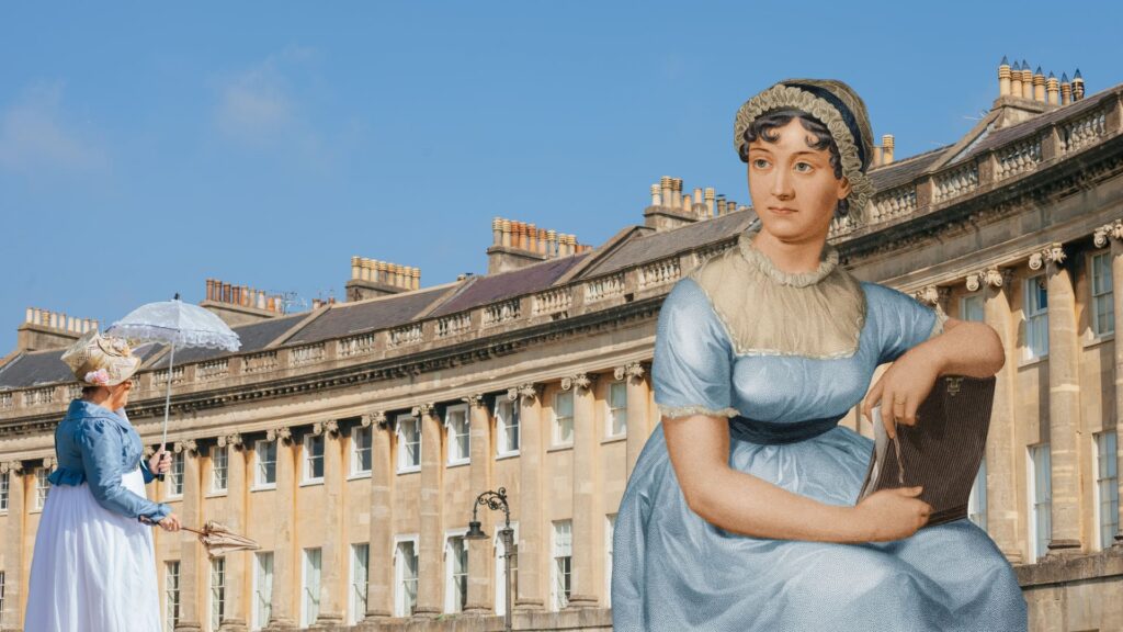 Illustration of Jane Austen in a blue Regency dress holding a book, placed in front of Bath’s Royal Crescent, with a woman in period costume carrying a parasol walking nearby.