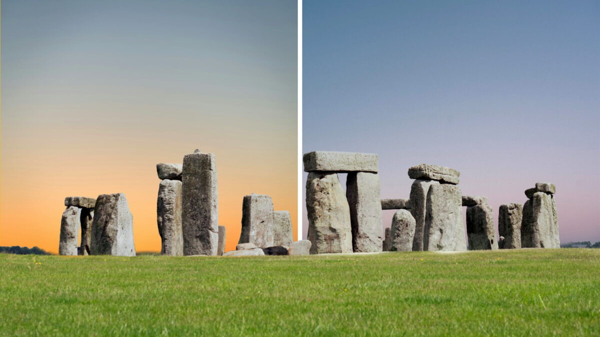 Side-by-side comparison of Stonehenge showing warm sunset light on the left and cooler daylight tones on the right, illustrating the difference between winter and summer solstice.