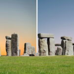 Side-by-side comparison of Stonehenge showing warm sunset light on the left and cooler daylight tones on the right, illustrating the difference between winter and summer solstice.