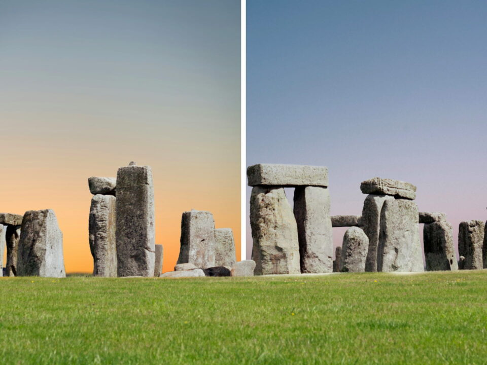 Side-by-side comparison of Stonehenge showing warm sunset light on the left and cooler daylight tones on the right, illustrating the difference between winter and summer solstice.