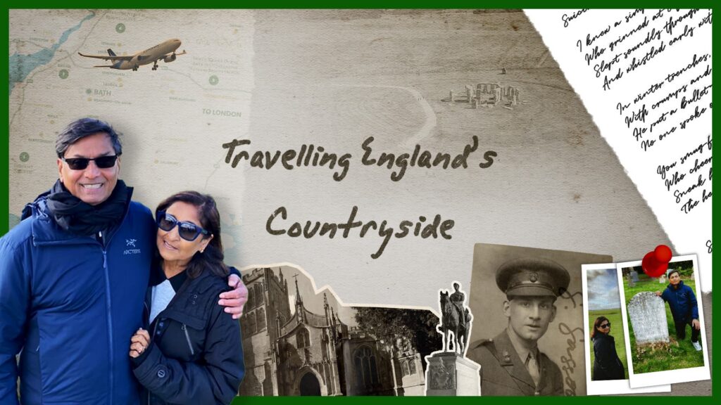 Collage-style travel image showing a smiling couple standing together in the English countryside, layered over a vintage map and historic imagery, with the text “Travelling England’s Countryside.”